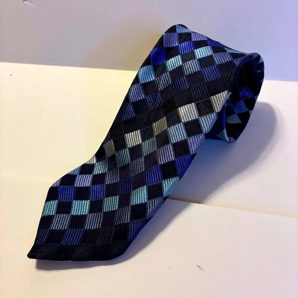 Boss Hugo Boss Silk Necktie Blue Checkered Geometric Made In Italy Blokecore 56